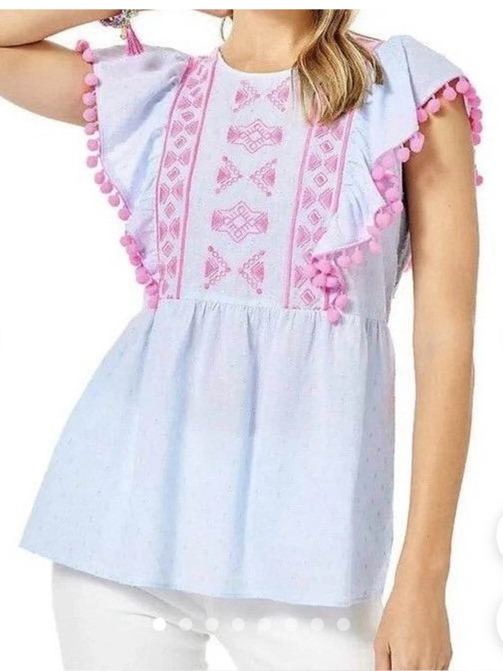 Lilly Top with Neon Pink Embroidery and Pom Trim